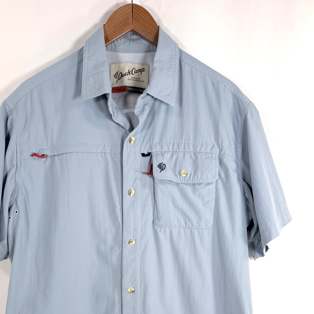 Duck Camp Fishing Shirt Light Blue Short Sleeve Vented Performance Mens Large